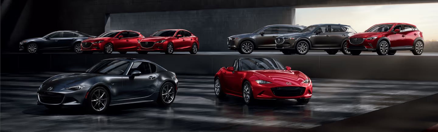Five Mazda SUVs (CX-50, CX-90, CX-90 PHEV, CX-5, CX-30) parked side-by-side at sunset over a city.